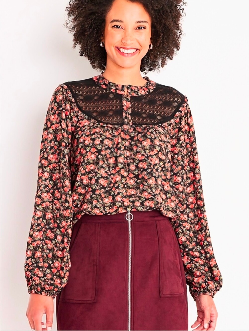 Nwt Maurices Floral Lace Yoke Long-Sleeve Blouse - Black With Roses Allover SM